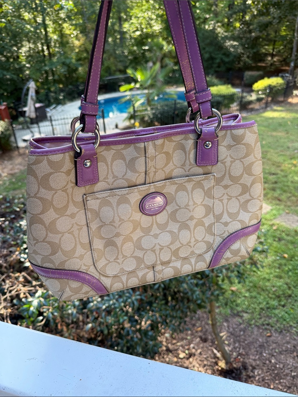 COACH Peyton Shopper Signature C Canvas Carryall Khaki and purple trim